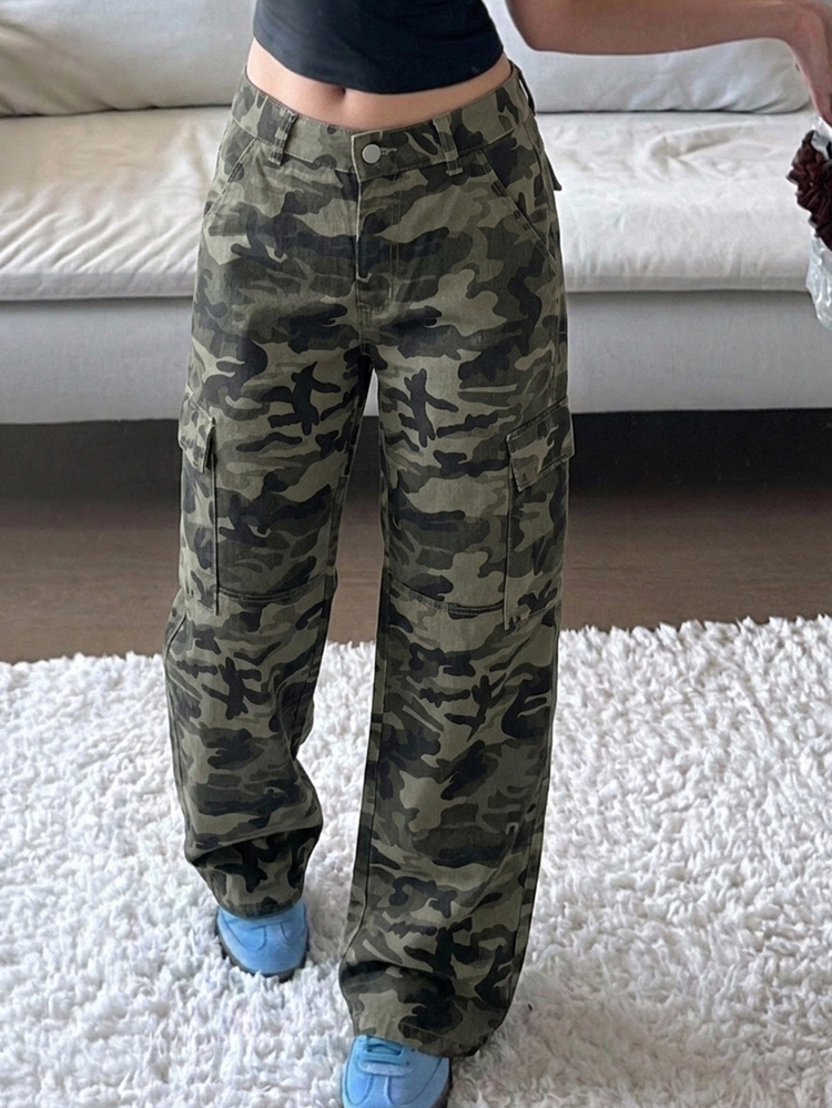 DAZY 美式復古迷彩工裝褲，寬鬆直筒多口袋水洗磨損休閒長褲女款牛仔褲 - 軍綠色 - 查看 4