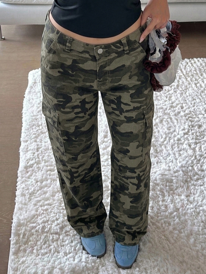 DAZY Pantalones Cargo Camuflaje Vintage Americano, Pantalones Casuales Holgados de Pierna Recta con Múltiples Bolsillos Lavados y Desgastados para Mujeres Jeans