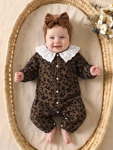 SHEIN Newborn Baby Girl Leopard Print Corduroy Ruffle Collar Front Button Romper, Infant Clothing, Baby Jumpsuit - Brown - View 7