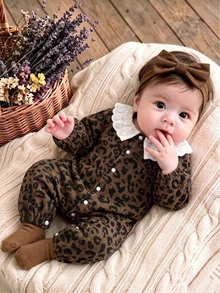 SHEIN Newborn Baby Girl Leopard Print Corduroy Ruffle Collar Front Button Romper, Infant Clothing, Baby Jumpsuit - Brown - View 2