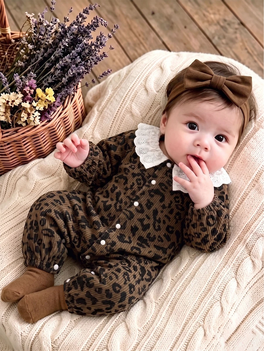 SHEIN Newborn Baby Girl Leopard Print Corduroy Ruffle Collar Front Button Romper, Infant Clothing, Baby Jumpsuit