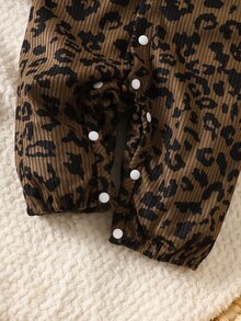 SHEIN Newborn Baby Girl Leopard Print Corduroy Ruffle Collar Front Button Romper, Infant Clothing, Baby Jumpsuit - Brown - View 6