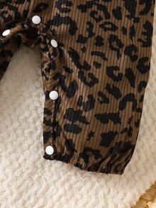 SHEIN Newborn Baby Girl Leopard Print Corduroy Ruffle Collar Front Button Romper, Infant Clothing, Baby Jumpsuit - Brown - View 8