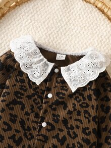 SHEIN Newborn Baby Girl Leopard Print Corduroy Ruffle Collar Front Button Romper, Infant Clothing, Baby Jumpsuit - Brown - View 4