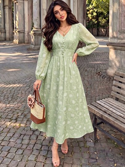 Modelyn Vestido verde claro con cuello en V, mangas farol, jacquard texturizado y botones delanteros, vestido floral para vacaciones, maestra, picnic, fiesta, otoño, tropical, tropicoquette