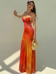 Aloruh Romantic Elegant Sexy Tropical Floral Print Sleeveless Backless Dress, Suitable For Dates, Vacations, Spring/Summer For Women Beach Burnt Orange - Multicolor - View 4