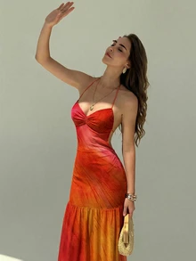 Aloruh Romantic Elegant Sexy Tropical Floral Print Sleeveless Backless Dress, Suitable For Dates, Vacations, Spring/Summer For Women Beach Burnt Orange - Multicolor - View 3