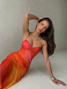 Aloruh Romantic Elegant Sexy Tropical Floral Print Sleeveless Backless Dress, Suitable For Dates, Vacations, Spring/Summer For Women Beach Burnt Orange - Multicolor - View 6