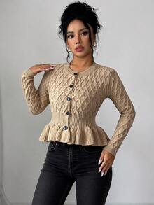 Breezaya Cardigan Rajut Kasual Wanita dengan Pinggang Berkerut dan Hem Berumbai, Kancing Tunggal - Khaki - View 3
