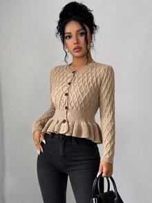 Breezaya Cardigan Rajut Kasual Wanita dengan Pinggang Berkerut dan Hem Berumbai, Kancing Tunggal - Khaki - View 5