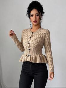 Breezaya Cardigan Rajut Kasual Wanita dengan Pinggang Berkerut dan Hem Berumbai, Kancing Tunggal - Khaki - View 4