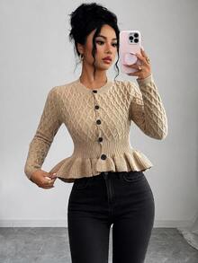 Breezaya Cardigan Rajut Kasual Wanita dengan Pinggang Berkerut dan Hem Berumbai, Kancing Tunggal - Khaki - View 8
