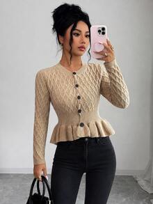 Breezaya Cardigan Rajut Kasual Wanita dengan Pinggang Berkerut dan Hem Berumbai, Kancing Tunggal - Khaki - View 6