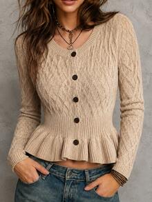 Breezaya Cardigan Rajut Kasual Wanita dengan Pinggang Berkerut dan Hem Berumbai, Kancing Tunggal - Khaki - View 1
