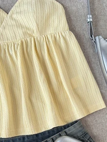 SHEIN 兒童青少年女孩細肩帶背心上衣 春夏新款休閒可愛度假風 V領吊帶上衣，3款設計隨機發貨 1 件 - 黑色 - 查看 7