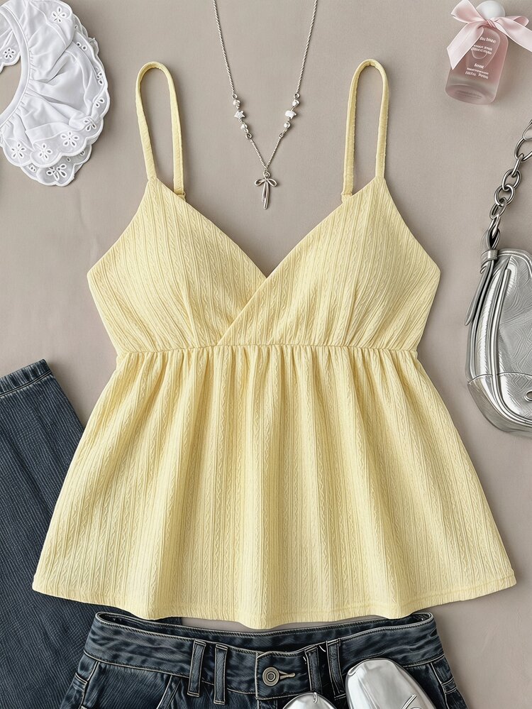 SHEIN Kids Teen Girls Spaghetti Strap Tank Top Spring Summer New Casual Cute Vacation V-Neck Camisole Top For Spring/Summer, 1 Random Piece From 3 Designs - Black - View 2