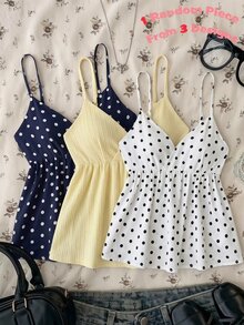 SHEIN 兒童青少年女孩細肩帶背心上衣 春夏新款休閒可愛度假風 V領吊帶上衣，3款設計隨機發貨 1 件 - 黑色 - 查看 1