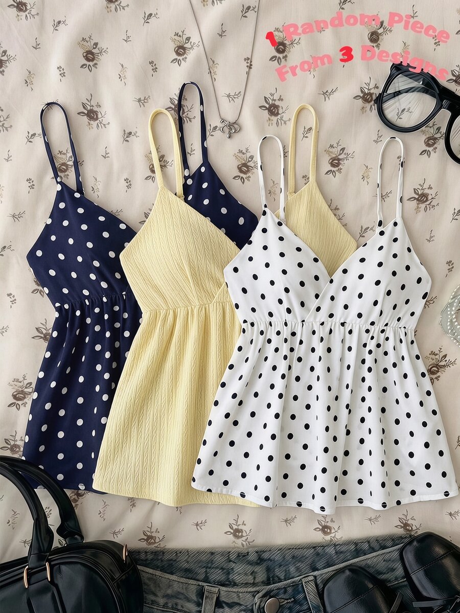 SHEIN 兒童青少年女孩細肩帶背心上衣 春夏新款休閒可愛度假風 V領吊帶上衣，3款設計隨機發貨 1 件 - 黑色 - 查看 1