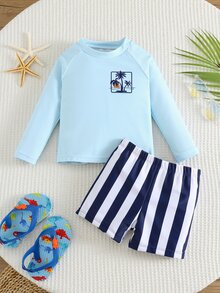 SHEIN 两件套男婴夏季休闲度假泳衣套装，适合海滩、温泉游泳、婴儿泳装 - 彩色 - 查看 13