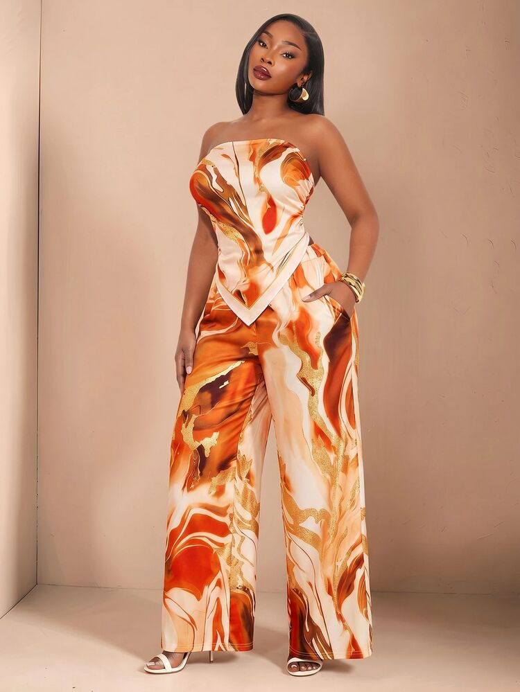 SHEIN SXY Beige Plus Size Women's All-Over Print Asymmetrical Hem Tube Top And Wide Leg Pants 2 Pieces Set Vacation Summer Party Evening Formal Wedding Guest - Orange - View 9