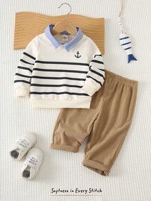 Cozy Pixies Kids Young Boy Colorblock Shirt Collar 2 In 1 Striped Pattern Long Sleeve Pullover Sweatshirt And Elastic Waist Long Autumn Pants 2-Piece Set - Khaki - View 5