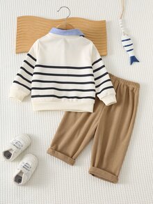 Cozy Pixies Kids Young Boy Colorblock Shirt Collar 2 In 1 Striped Pattern Long Sleeve Pullover Sweatshirt And Elastic Waist Long Autumn Pants 2-Piece Set - Khaki - View 2