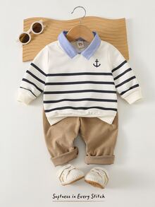 Cozy Pixies Kids Young Boy Colorblock Shirt Collar 2 In 1 Striped Pattern Long Sleeve Pullover Sweatshirt And Elastic Waist Long Autumn Pants 2-Piece Set - Khaki - View 11
