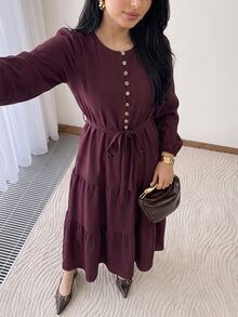 Solavon Women's Solid Color Knot Waist Casual Daily Summer Dress - Burgundy - View 5