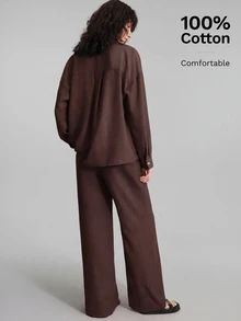 Ontre 2026SS 夏季新款女款兩件式套裝，休閒居家服，海灘度假服飾，長褲 + 長袖襯衫套裝，早午餐穿搭，音樂節女款套裝，夏季兩件套，優雅女款套裝，派對穿搭，商務休閒女裝 - 鏽棕色 - 查看 8