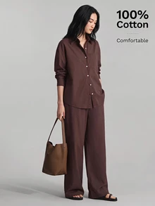 Ontre 2026SS 夏季新款女款兩件式套裝，休閒居家服，海灘度假服飾，長褲 + 長袖襯衫套裝，早午餐穿搭，音樂節女款套裝，夏季兩件套，優雅女款套裝，派對穿搭，商務休閒女裝 - 鏽棕色 - 查看 3