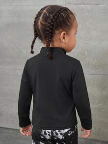SHEIN Jaket Kasual Kerah Tegak Warna Polos Rajut Elastis untuk Bayi Perempuan, Cocok untuk Musim Gugur/Dingin - Hitam - View 2