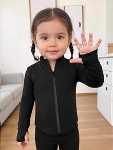 SHEIN Jaket Kasual Kerah Tegak Warna Polos Rajut Elastis untuk Bayi Perempuan, Cocok untuk Musim Gugur/Dingin - Hitam - View 1