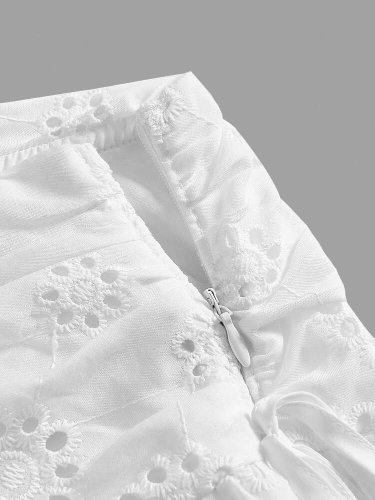 SHEIN MOD Women's Vintage Solid Color Hollow Embroidered Bowknot White Skirt - White - View 4