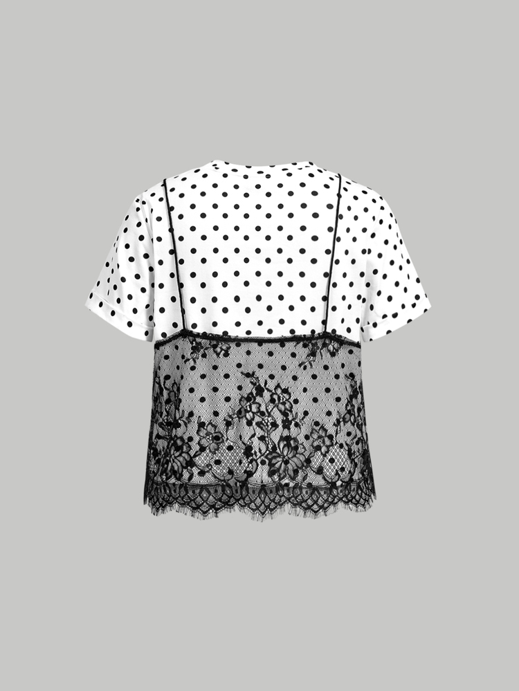 SHEIN MOD Women Polka Dot Crew Neck Short Sleeve White Polka Dot With Black Polka Dots Sweet 90s Cute Y2K Lace Top Going Out .Halloween Costume. Back To School - Black and White - View 2