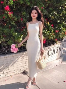 SHEIN MOD Women's Slim Texture Knit Summer Apricot Dress,Summer Dresses For Women - Apricot - View 9