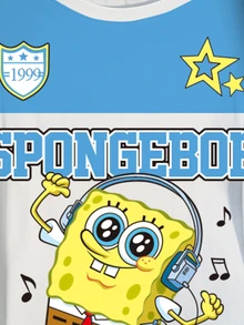SpongeBob SquarePants | SHEIN Plus Size Summer Casual Colorblock Cartoon Print T-Shirt - White - View 4