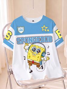 SpongeBob SquarePants | SHEIN Plus Size Summer Casual Colorblock Cartoon Print T-Shirt - White - View 1