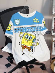 SpongeBob SquarePants | SHEIN Plus Size Summer Casual Colorblock Cartoon Print T-Shirt - White - View 3