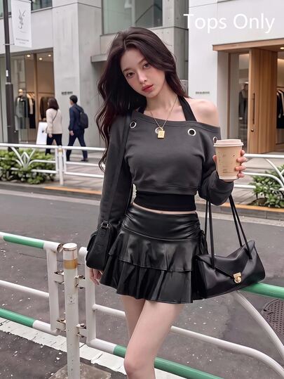 SHEIN MOD Women's Eyelet Design 2 In 1 Fashion Streetwear 2000s Y2k 90s Quirky Freaky Halter Neck Sweatshirt Gray Black Autumn Night Out Date Night Halloween