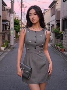 Skyraze Women's Rhinestone Decorated Button Half-Placket Shoulder Tie Sleeveless Short Dress Date Dark Grey Summer French Elegant.Halloween.Back To School. - Grey - View 10