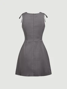 Skyraze Women's Rhinestone Decorated Button Half-Placket Shoulder Tie Sleeveless Short Dress Date Dark Grey Summer French Elegant.Halloween.Back To School. - Grey - View 6
