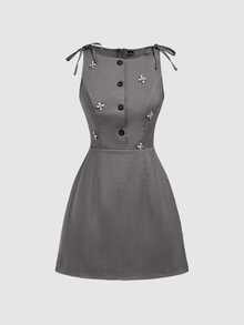 Skyraze Women's Rhinestone Decorated Button Half-Placket Shoulder Tie Sleeveless Short Dress Date Dark Grey Summer French Elegant.Halloween.Back To School. - Grey - View 7