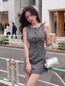 Skyraze Women's Rhinestone Decorated Button Half-Placket Shoulder Tie Sleeveless Short Dress Date Dark Grey Summer French Elegant.Halloween.Back To School. - Grey - View 11