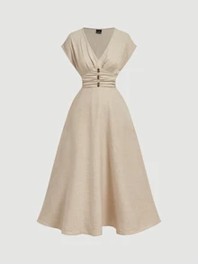 Skyraze Women's V-Neck Cap Sleeve Apricot Dress Elegant - Khaki - View 5