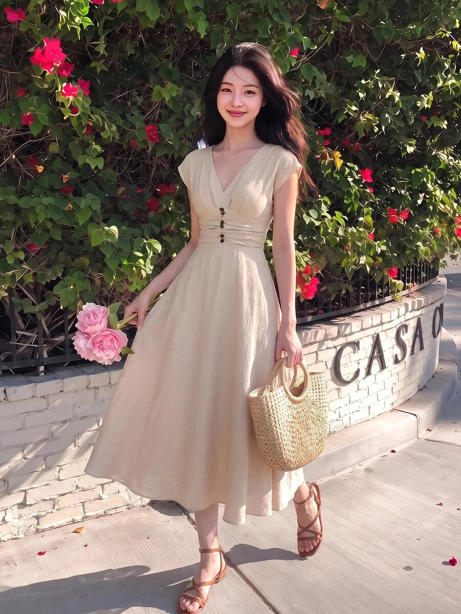 Skyraze Women's V-Neck Cap Sleeve Apricot Dress Elegant