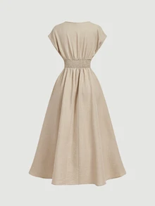 Skyraze Women's V-Neck Cap Sleeve Apricot Dress Elegant - Khaki - View 6