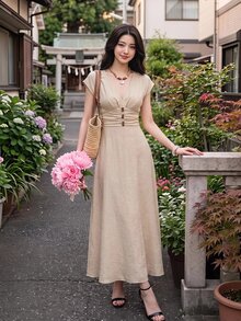 Skyraze Women's V-Neck Cap Sleeve Apricot Dress Elegant - Khaki - View 10