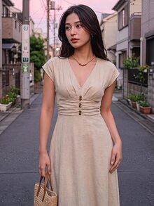 Skyraze Women's V-Neck Cap Sleeve Apricot Dress Elegant - Khaki - View 9