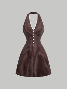 SHEIN MOD Button Halter Neck Floral V-Neck Mini Dress Dates Going Out Brown Striped Summer Sexy.Halloween.Back To School. - Brown - View 5