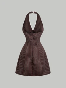 SHEIN MOD Button Halter Neck Floral V-Neck Mini Dress Dates Going Out Brown Striped Summer Sexy.Halloween.Back To School. - Brown - View 4